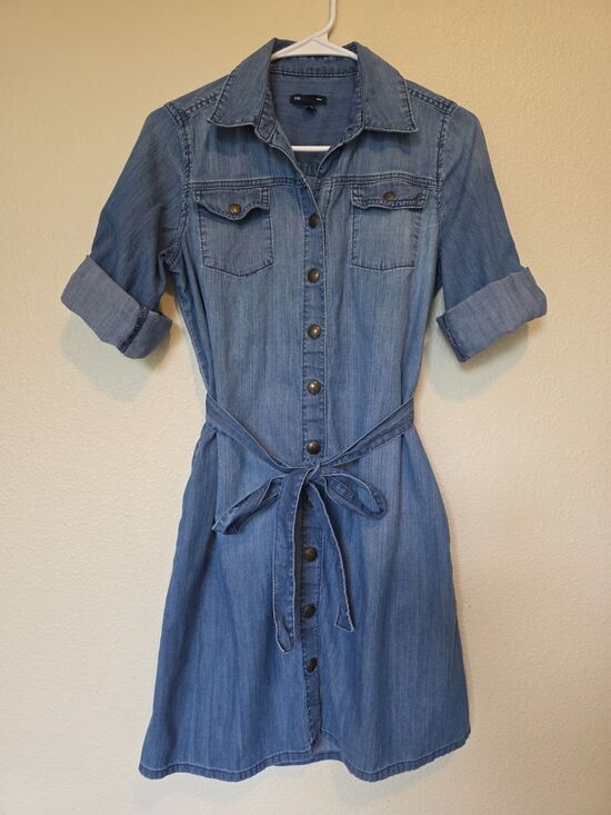Gap Dresses & Skirts - Gap Womens Denim Shirt Dress Blue Snap Front Tie Waist Long Sleeve Pocket Size S